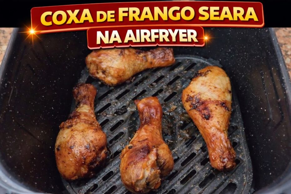 Coxas de frango assadas e bem douradas no cesto da airfryer